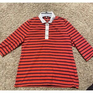 Nautica Women’s Quarter Sleeve Polo Shirt, Red And Navy Stripes With Toggles, XL